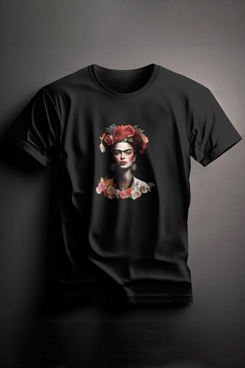 Unisex Baskılı Siyah Tişört Frida