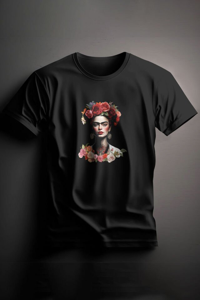 Unisex Baskılı Siyah Tişört Frida