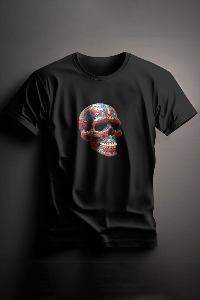 Unisex Baskılı Siyah Tişört Skull