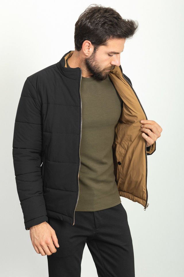 Double Sided Black Color Slim Fit Rugged Collar Inflatable Men's Coat