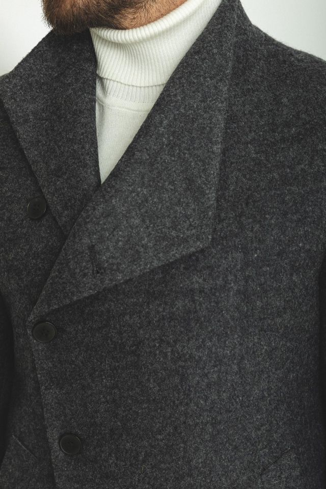 Plain Anthracite Slim Fit Shawl Collar Wool Men's Coat