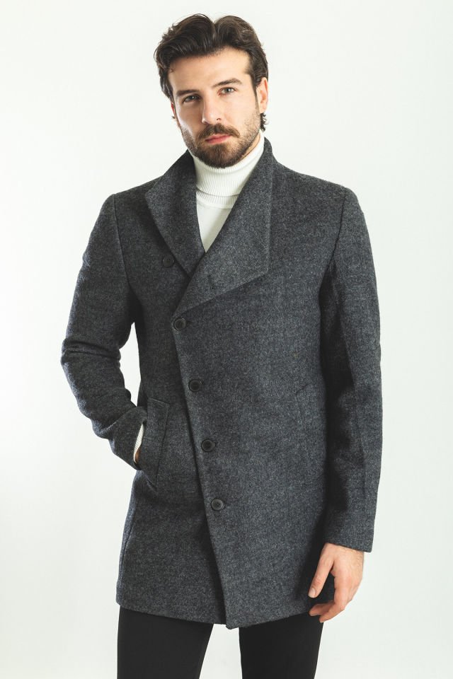 Plain Anthracite Slim Fit Shawl Collar Wool Men's Coat