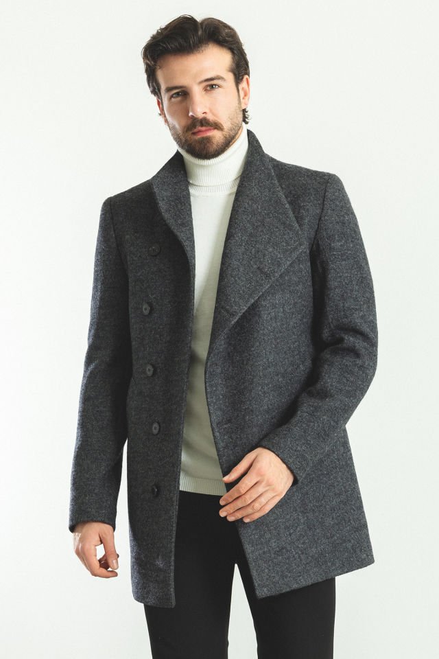 Plain Anthracite Slim Fit Shawl Collar Wool Men's Coat