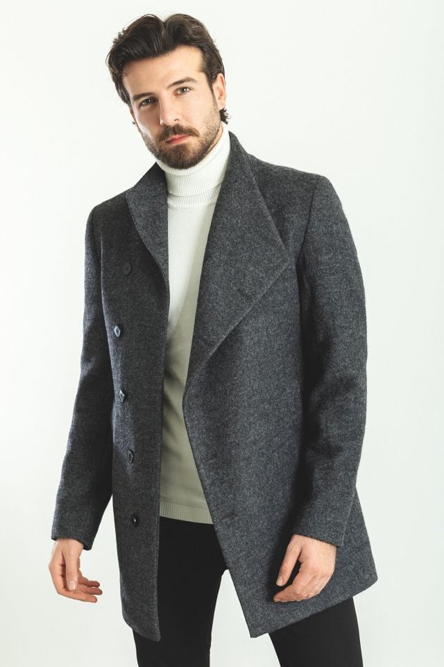 Plain Anthracite Slim Fit Shawl Collar Wool Men's Coat