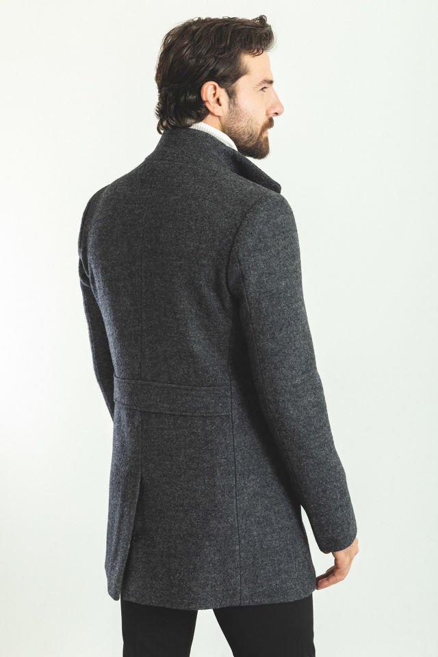 Plain Anthracite Slim Fit Shawl Collar Wool Men's Coat