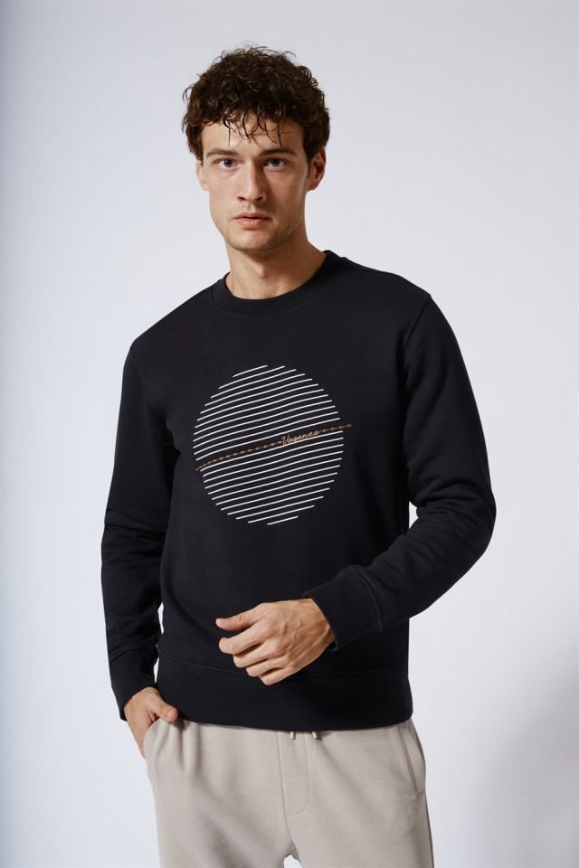 Üzeri Baskılı Bisiklet Yaka Sweatshirt Siyah