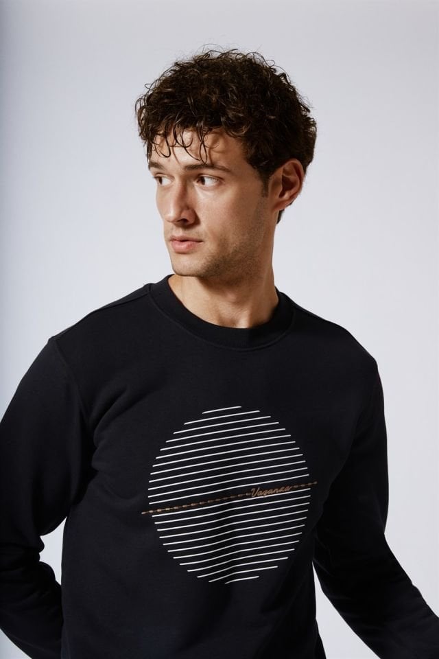 Üzeri Baskılı Bisiklet Yaka Sweatshirt Siyah