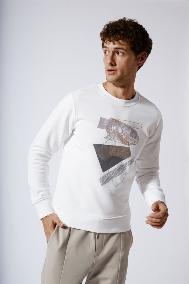 Printed Slim Fit Basic Sweatshirt Ecru