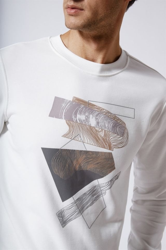Üzeri Baskılı Slim Fit Basic Sweatshirt Ekru