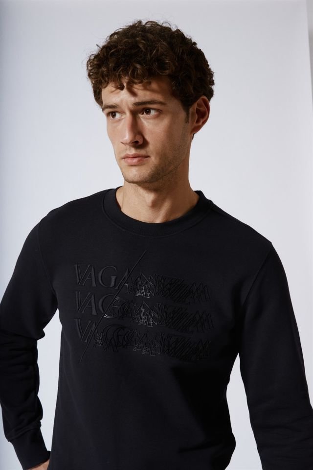 Üzeri Baskılı Bisiklet Yaka Sweatshirt Siyah
