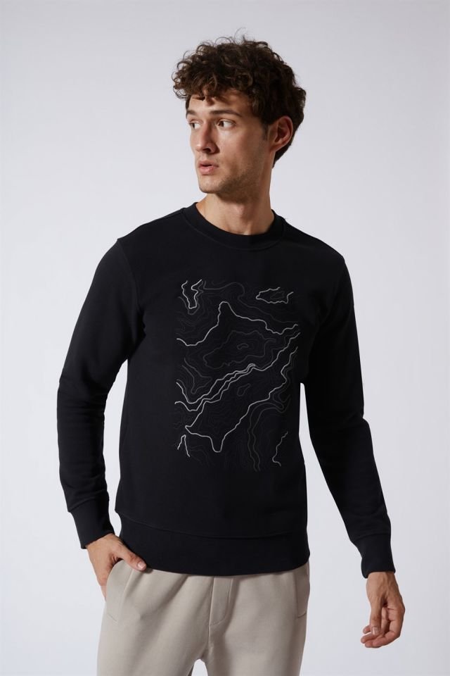 Üzeri Baskılı Bisiklet Yaka Sweatshirt Siyah