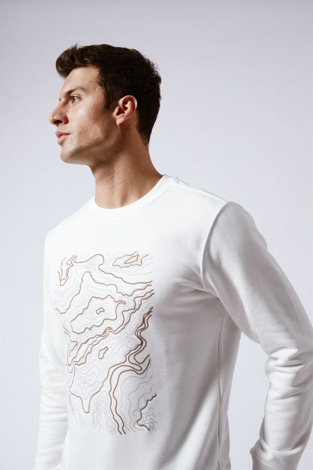 Üzeri Baskılı Bisiklet Yaka Sweatshirt Ekru