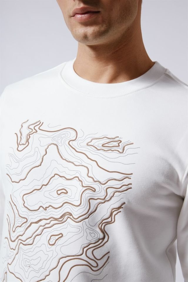 Üzeri Baskılı Bisiklet Yaka Sweatshirt Ekru