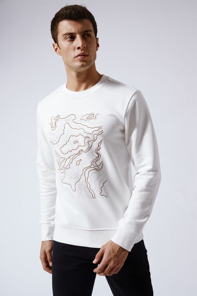 Üzeri Baskılı Bisiklet Yaka Sweatshirt Ekru