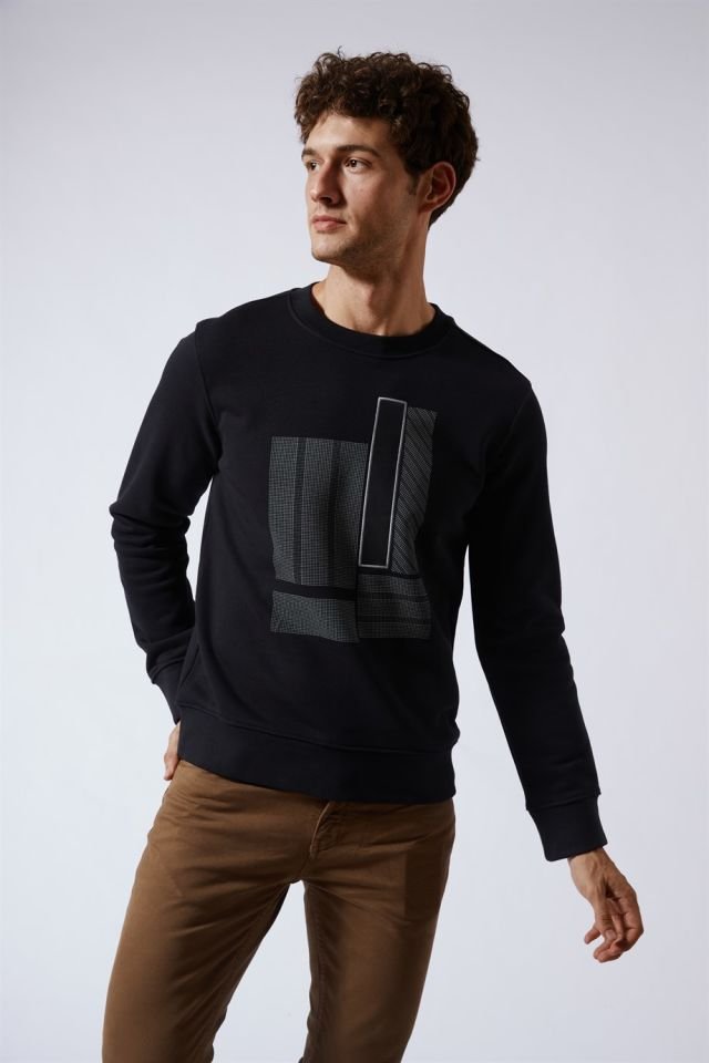 Slim Fit Üzeri Nakışlı Sweatshirt SİYAH
