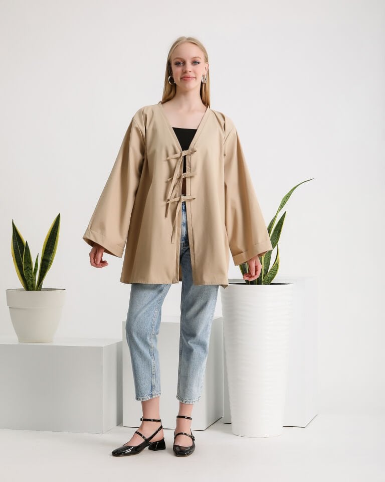 Bej Bağlamalı Kimono