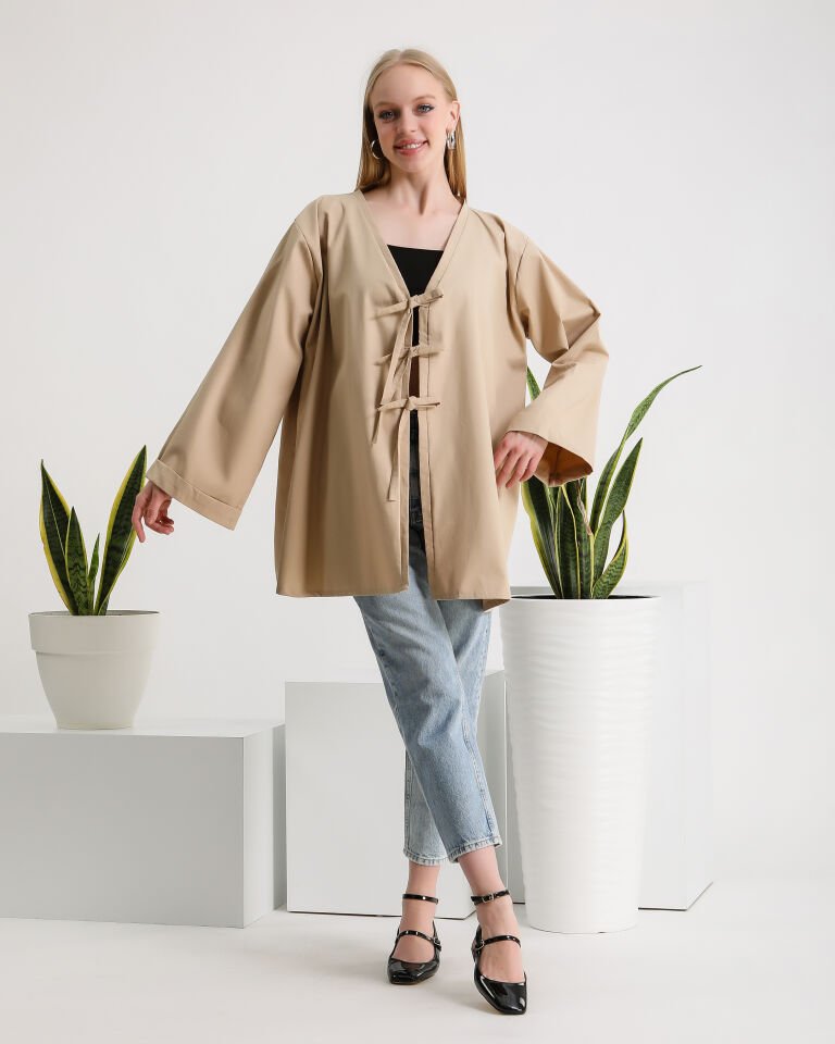 Bej Bağlamalı Kimono