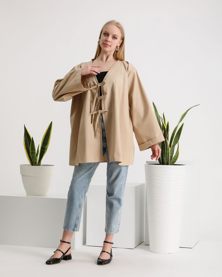 Bej Bağlamalı Kimono