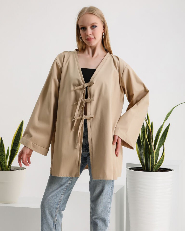 Bej Bağlamalı Kimono