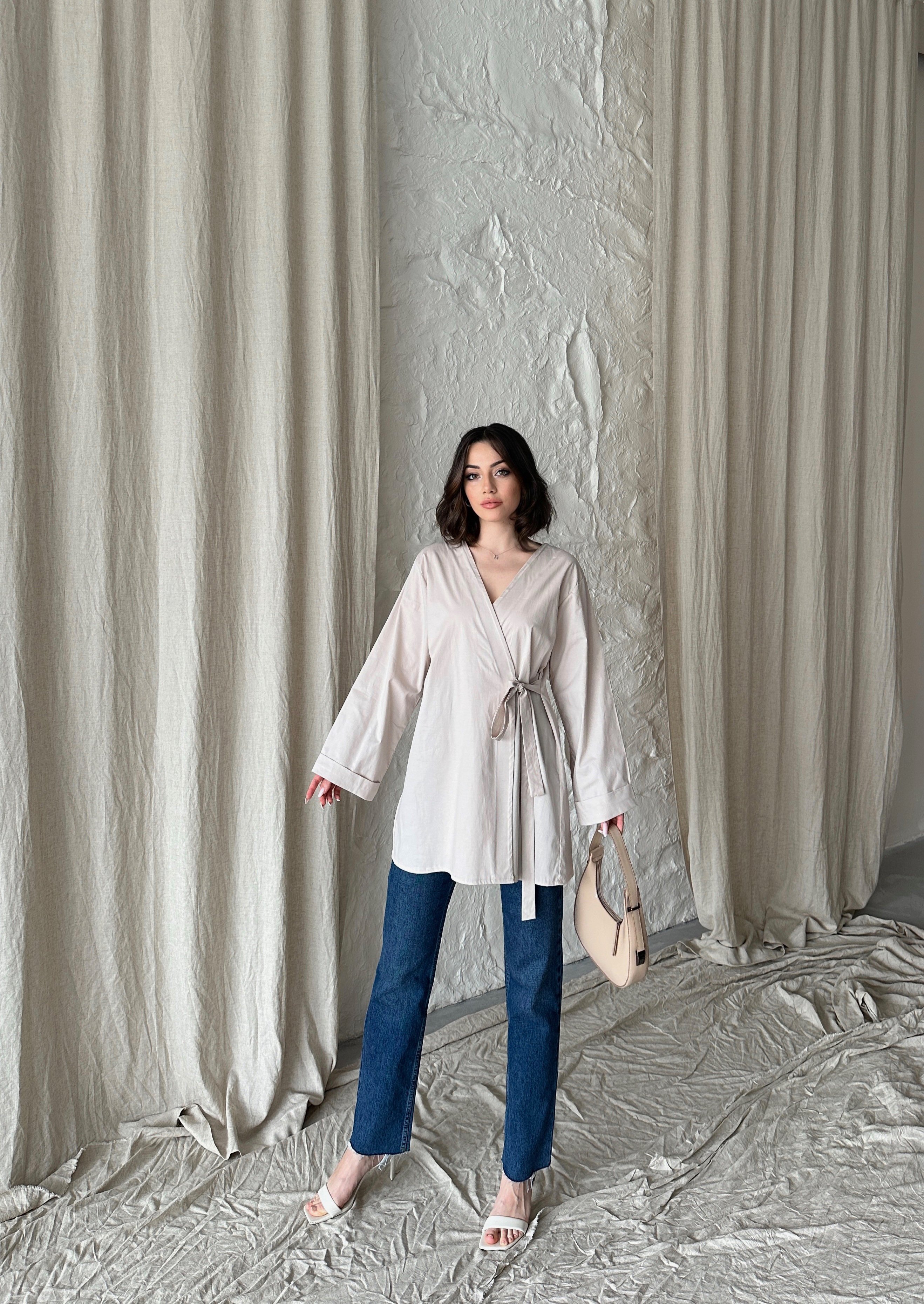 Ekru Bağlamalı Kimono