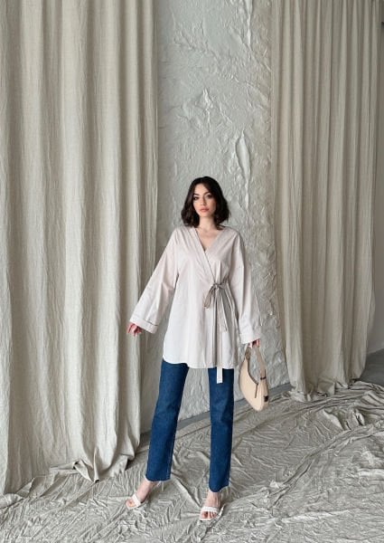 Ekru Bağlamalı Kimono