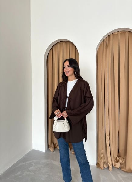 Kahverengi Bağlamalı Kimono