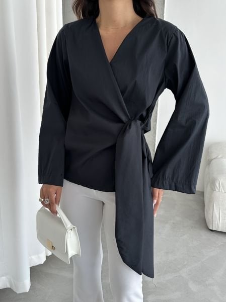 Lacivert Yandan Bağlamalı Kimono