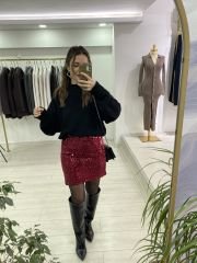 Payetli Mini Bordo Etek