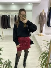 Payetli Mini Bordo Etek