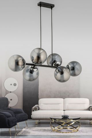 Cross 6'lı Füme Camlı Modern Sarkıt Avize Siyah
