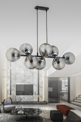 Cross 8'li Füme Camlı Modern Sarkıt Avize Siyah