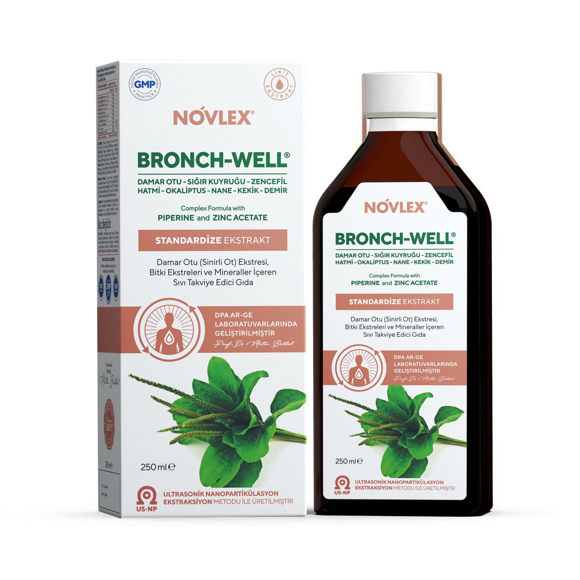 Novlex® Bronch-Well Damar Otu, Sığır kuyruğu (Mullein), Okaliptüs, Hatmi, Kekik, Tıbbi Nane, Zencefil Ekstraktı (Ekstresi) ve Demir, Çinko İçeren Sıvı Takviye Edici Gıda 250ml