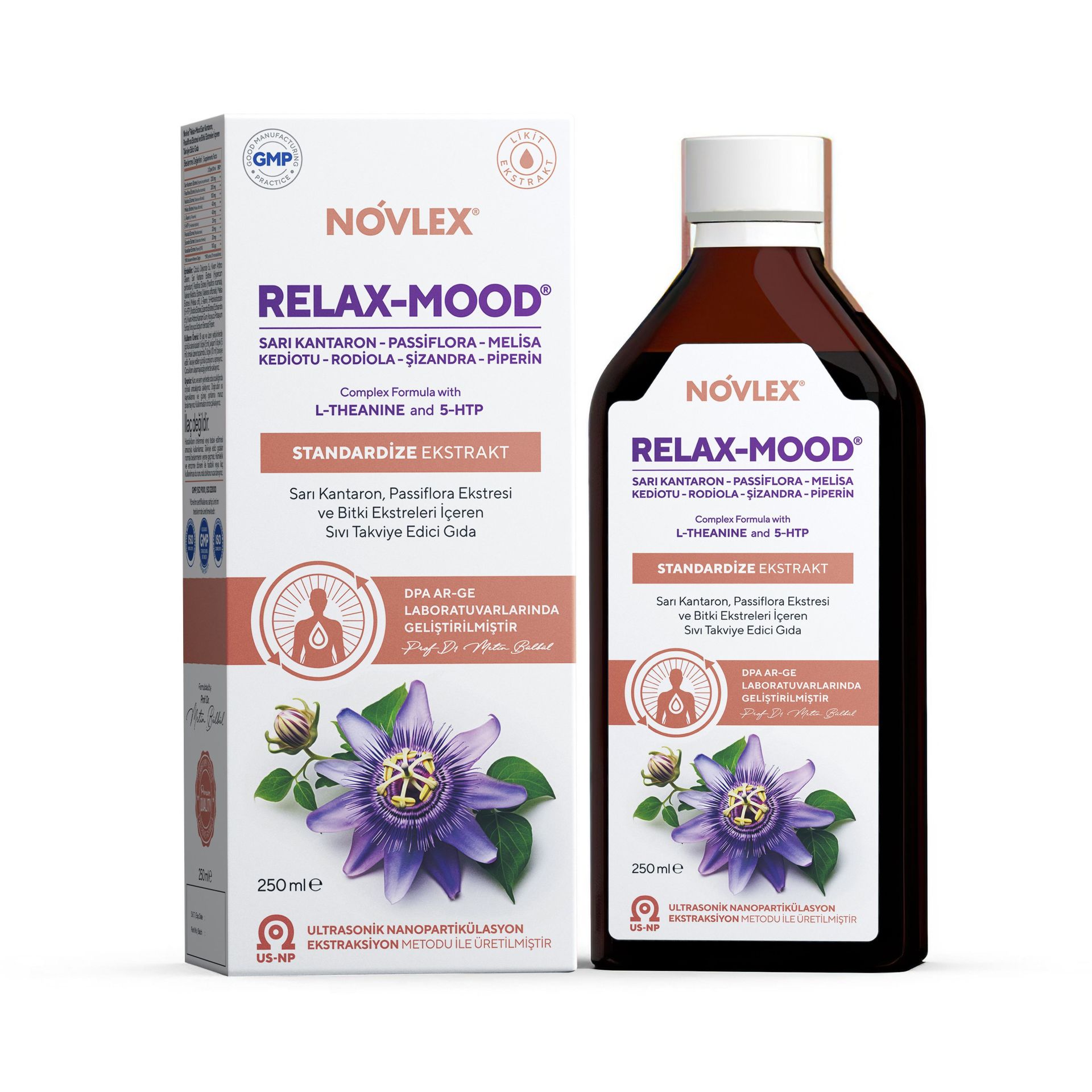 Novlex® Relax-Mood Sarı Kantaron (St. John’s Wort), Passiflora, Kediotu (Valerian), Melisa, L-Teanin, 5-HTP, Rhodiola, Şizandra ve Piperin Ekstraktı (Ekstresi) 250ml