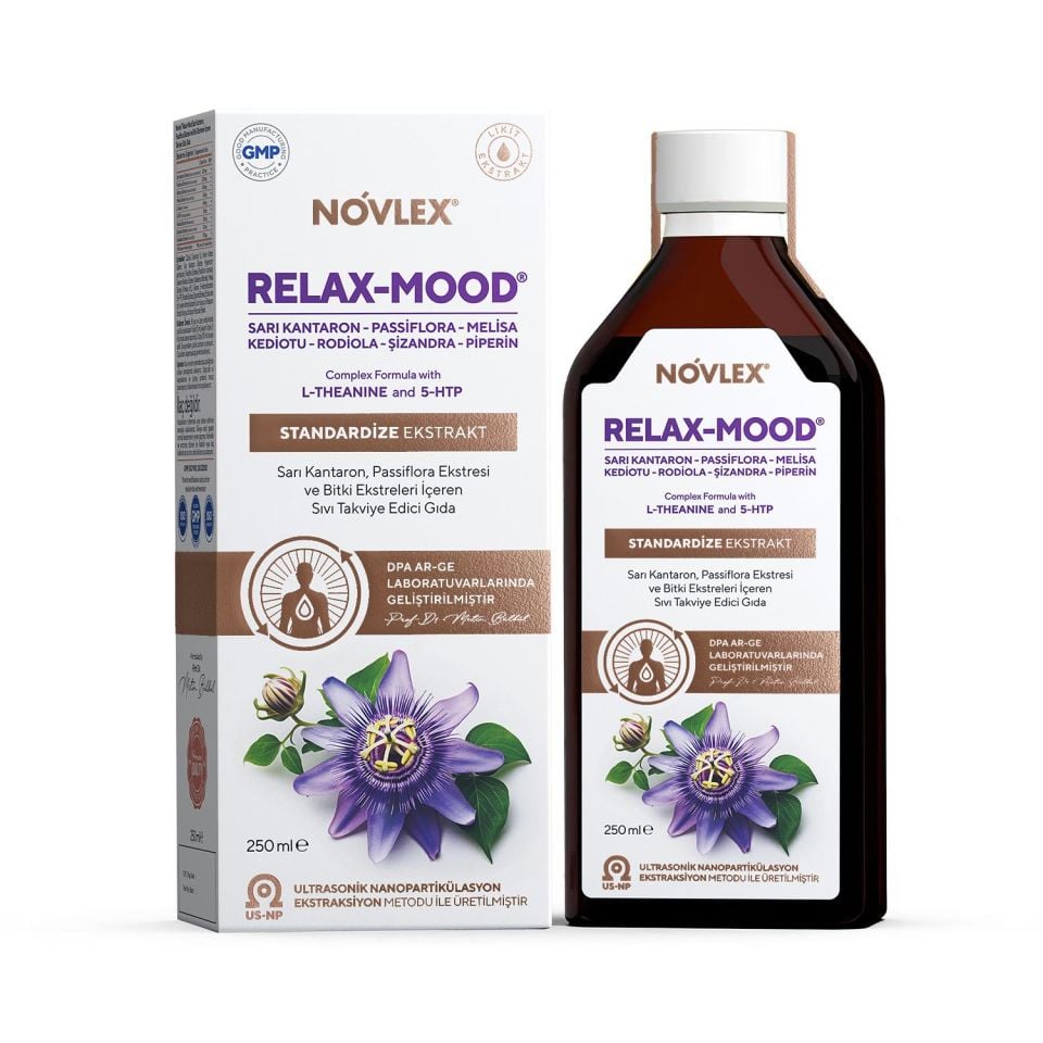 Novlex® Relax-Mood Sarı Kantaron (St. John’s Wort), Passiflora, Kediotu (Valerian), Melisa, L-Teanin, 5-HTP, Rhodiola, Şizandra ve Piperin Ekstraktı 250ml