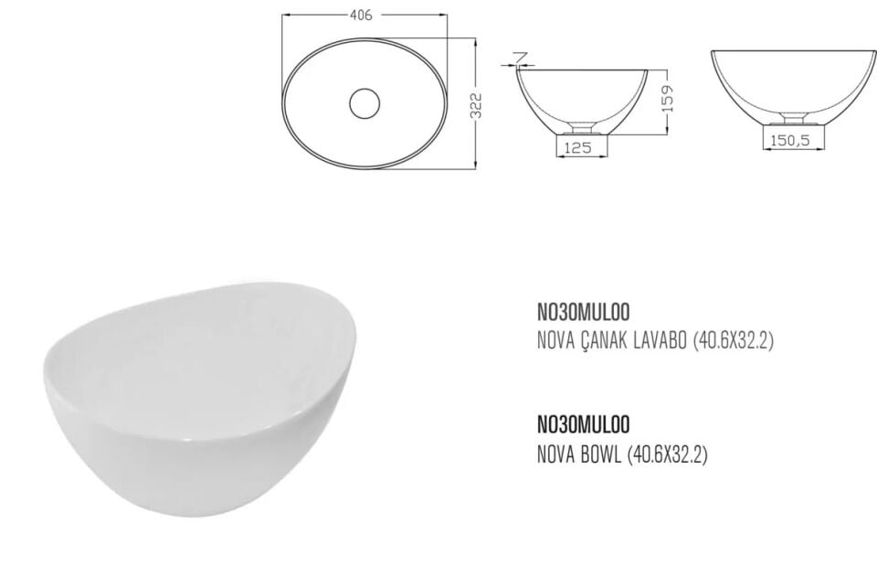 NO30MUL00 - GÜRAL VİT Nova 40,6 x 32,2 cm H 18 cm Parlak Beyaz Sedefli Mobilya Üstü Deliksiz Çanak Lavabo