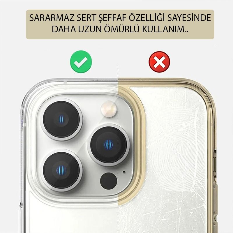 iPhone 15 Pro Max Kılıf Sararmaz Sert Şeffaf Kamera Lens Ve Hoparlör Toz Korumalı Ultra İnce