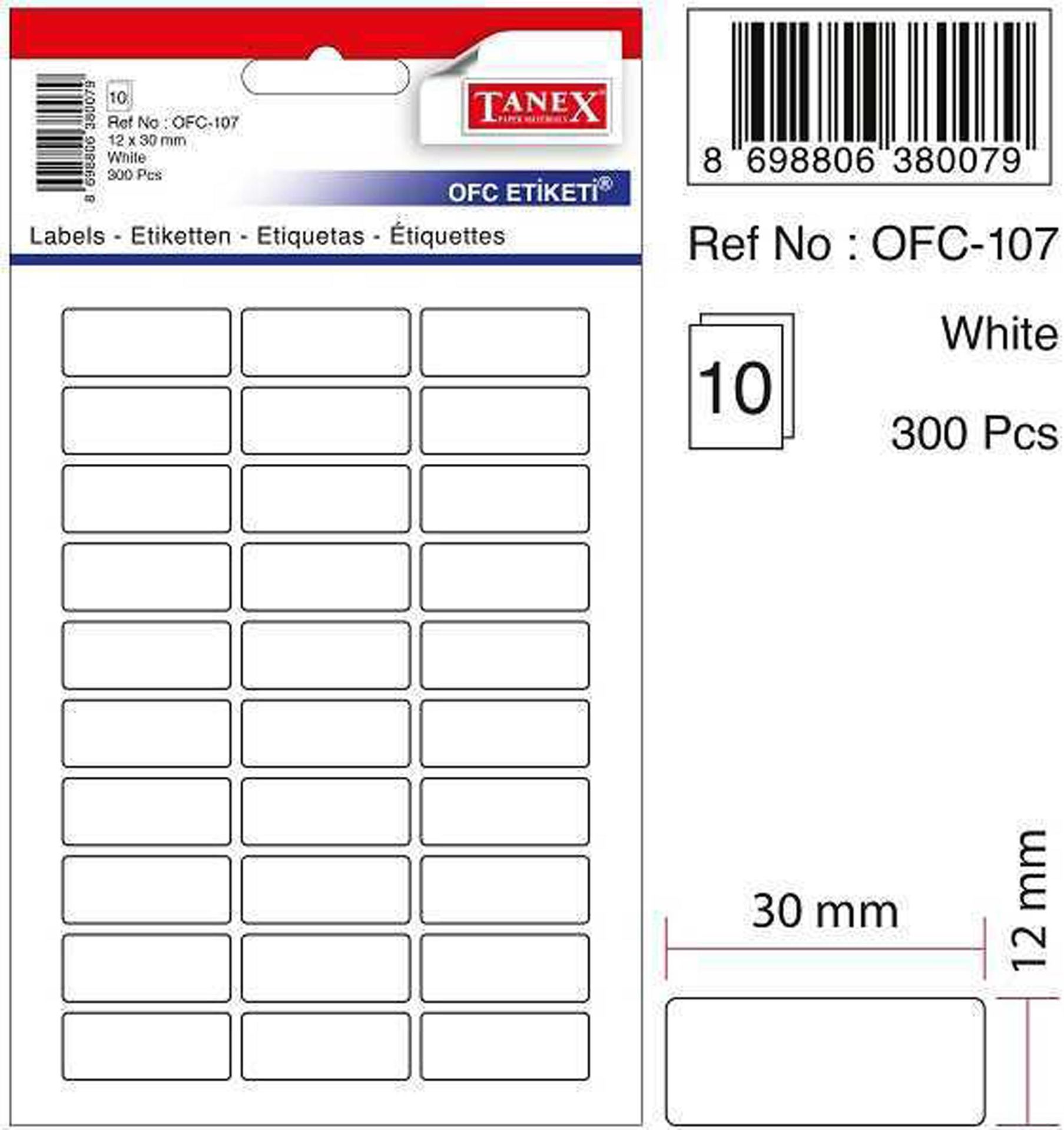 Tanex Ofis Etiketi Beyaz 12*30mm 300pcs Ofc-107