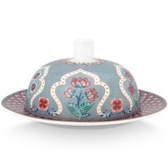 Butter Dish Round Flower Festival Deco Light Blue 17x8cm