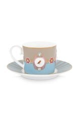 Cup & Saucer Love Birds Medallion Blue Khaki 200ml