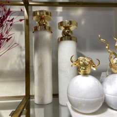 Gold Detaylı Beyaz Mermer Mumluk Set