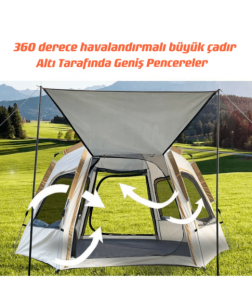 SHUFA Tam Otomatik Su Ve Rüzgar Geçirmez Gölgelikli Altıgen Aile Çadırı 280x240x155 Cm BEJ
