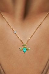 Pırlantalı 14 Ayar Arı Aquamarine Rengi Kolye