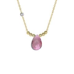 Pirlanta 14 Ayar Altin Dorikalı Pink Safir Renkli Damla Taşlı Kolye