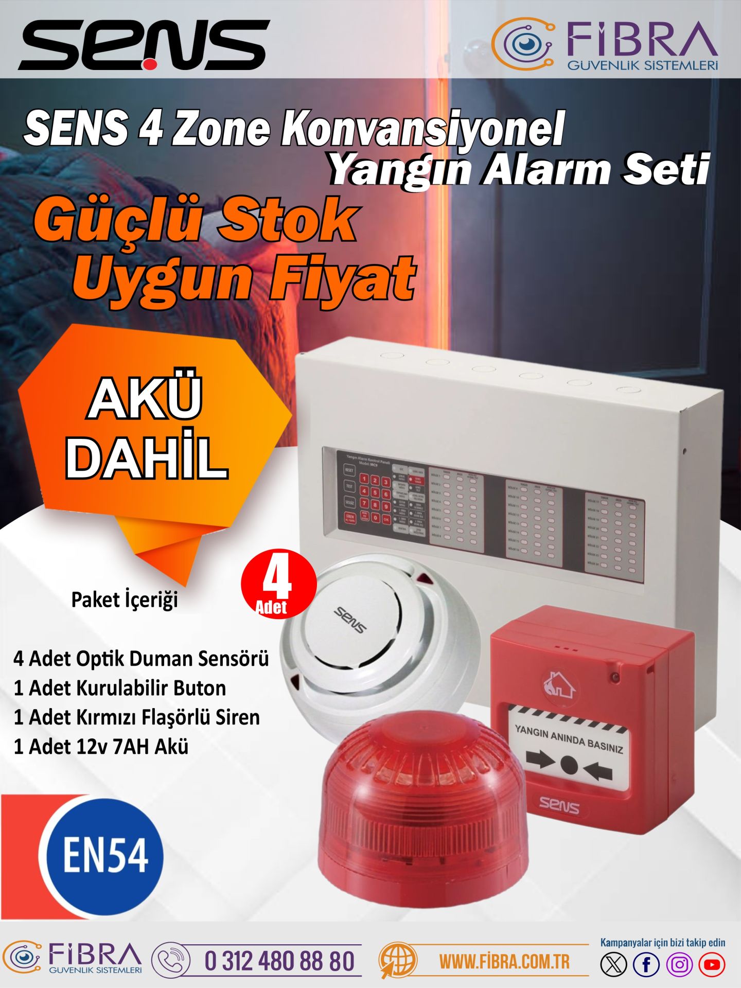 SENS 4 BÖLGELİ KONVANSİYONEL YANGIN ALARM SETİ