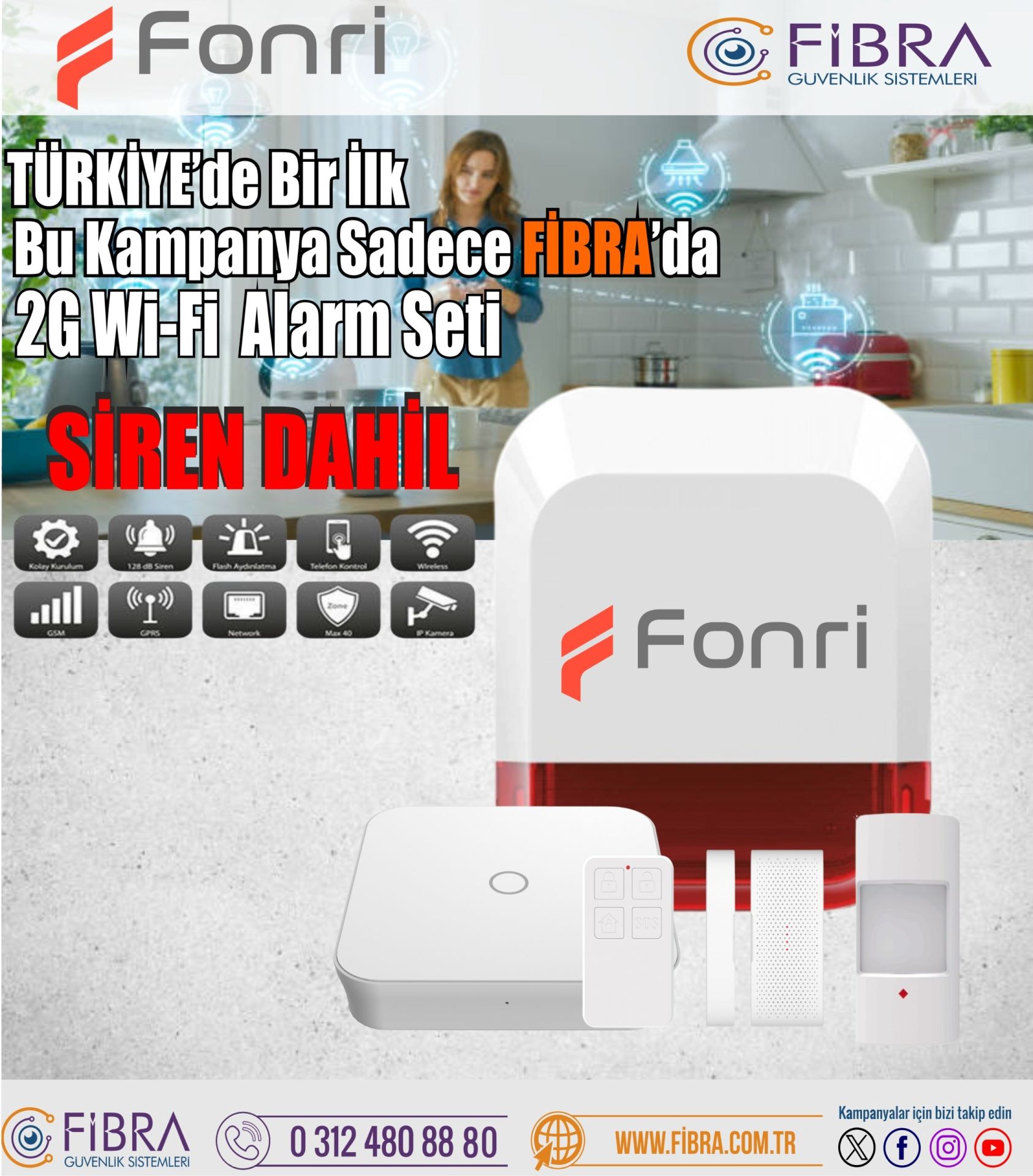 Fonri 2G Kablosuz Alarm Seti Siren Dahil