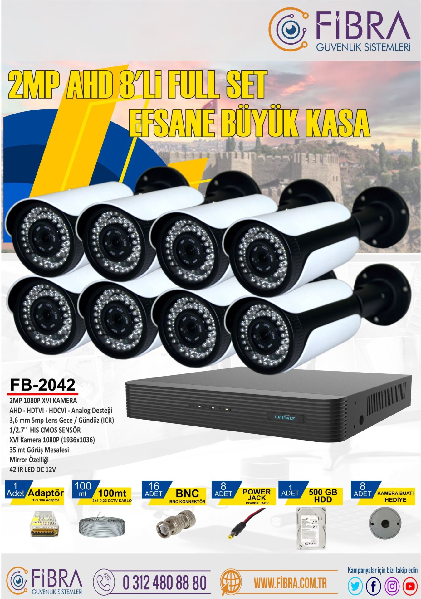 2mp Ahd Büyük Samsung 40m gece görüşlü Kasa tak çalıştır 8'li Set