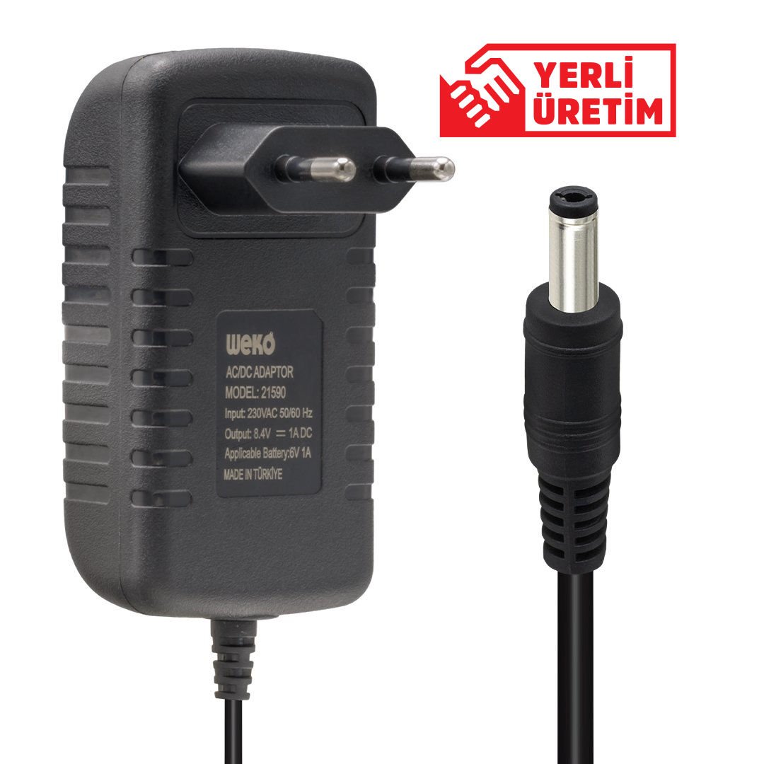 WEKO 8.4 VOLT - 1 AMPER - 8.4 WATT 5.5*2.5 UÇLU LİTYUM PİL LEDLİ YERLİ ÜRETİM ŞARJ ADAPTÖRÜ (OUT:6V-1A)