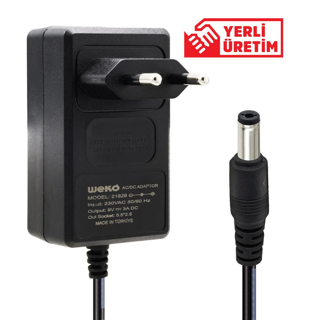 WEKO 9 VOLT - 3 AMPER 5.5*2.5 UÇLU YERLİ ÜRETİM PLASTİK KASA PRİZ TİPİ ADAPTÖR