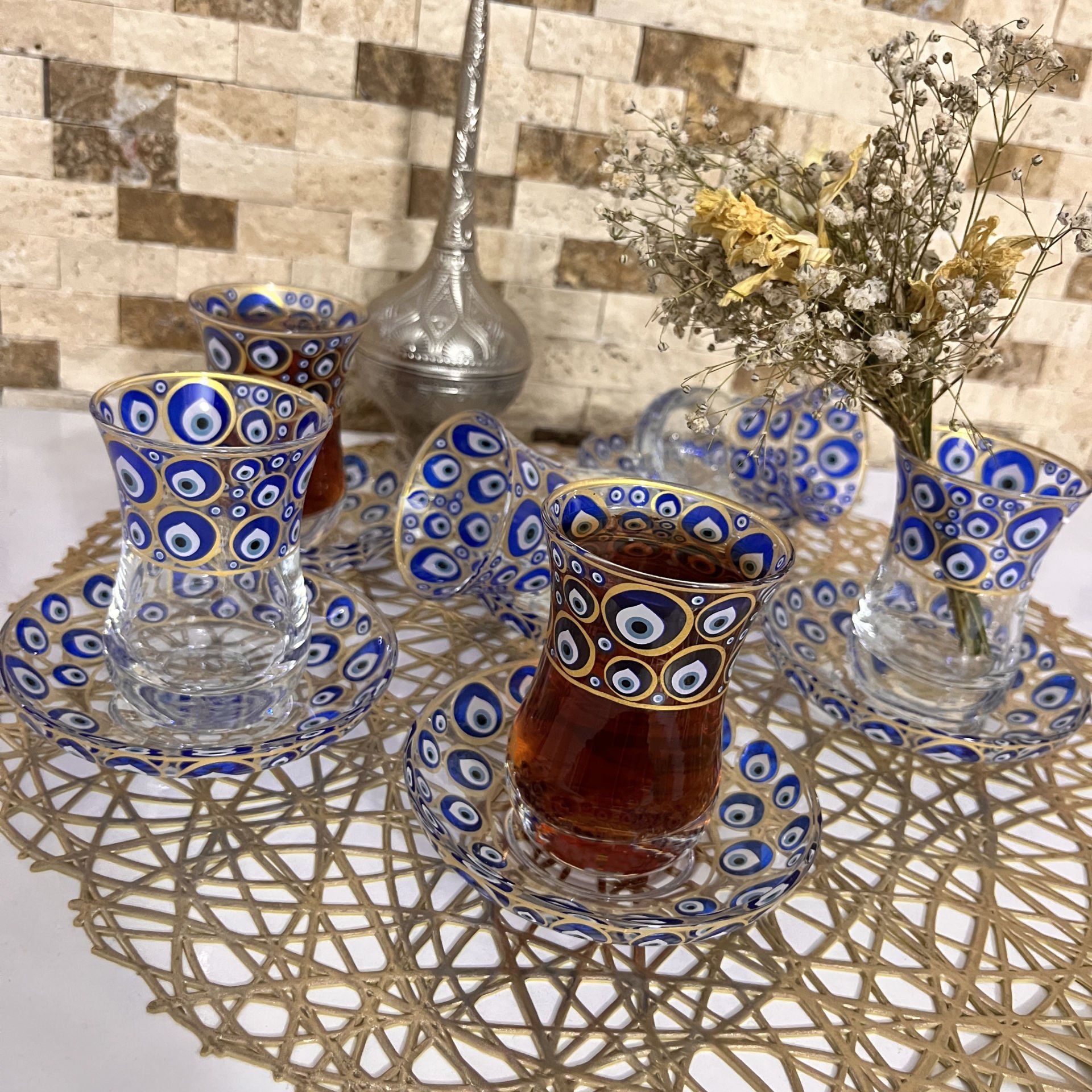 ÇİNİLİ ÇOKLU NAZAR DESENLİ ÇAY SETİ