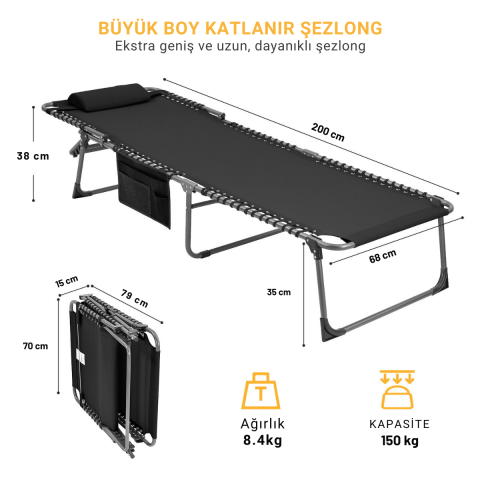 KingCamp Bavaria XL 5 Kademeli Katlanır Şezlong Black